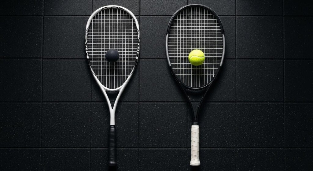 Porównanie rakiet: biała rakieta do squasha z czarną piłeczką oraz czarna rakieta do tenisa z żółtą piłką, leżące obok siebie na ciemnym tle.
